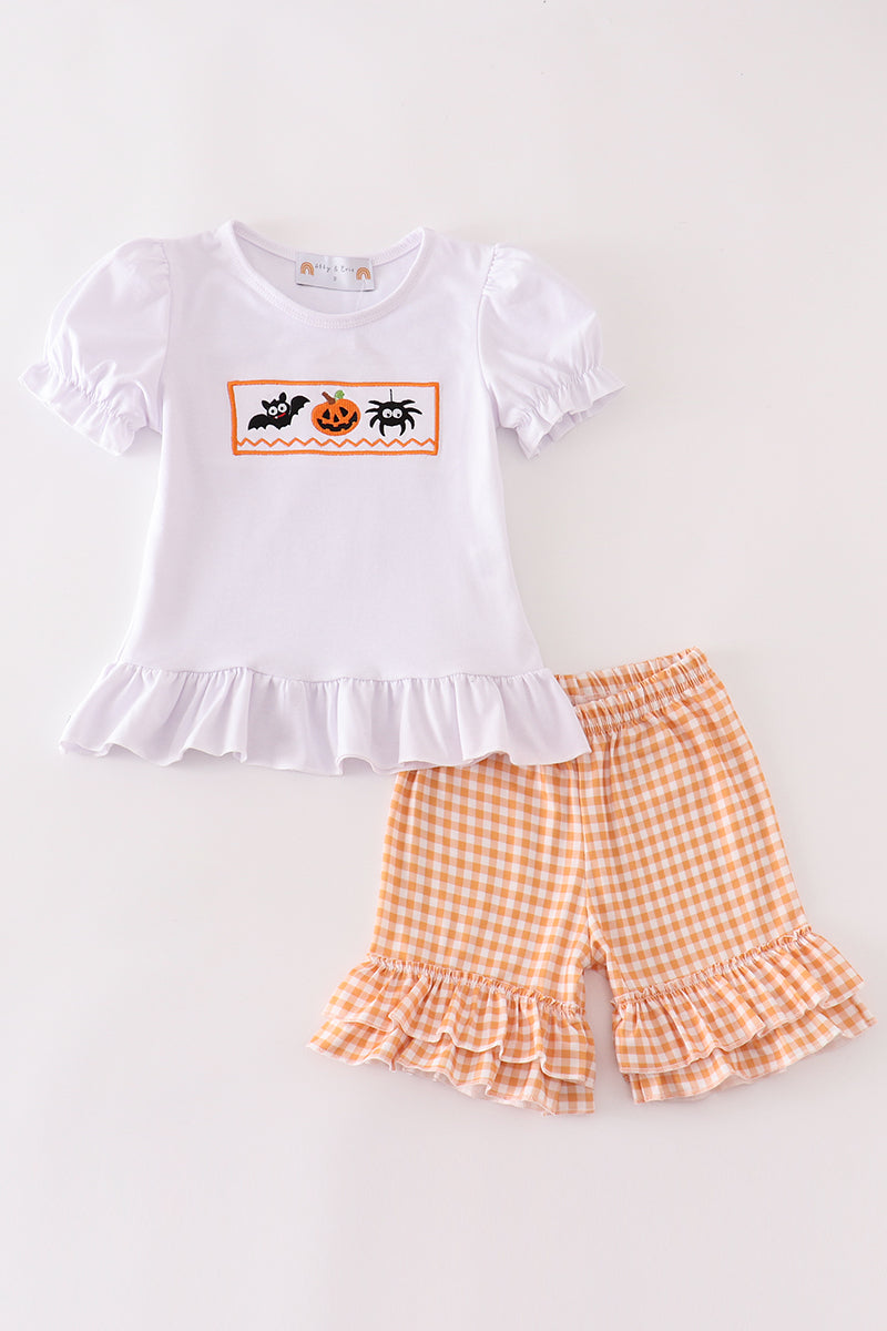 Orange halloween embroidery plaid girl set