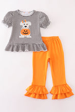 Load image into Gallery viewer, Halloween pumpkin puppy stripe applique girl set
