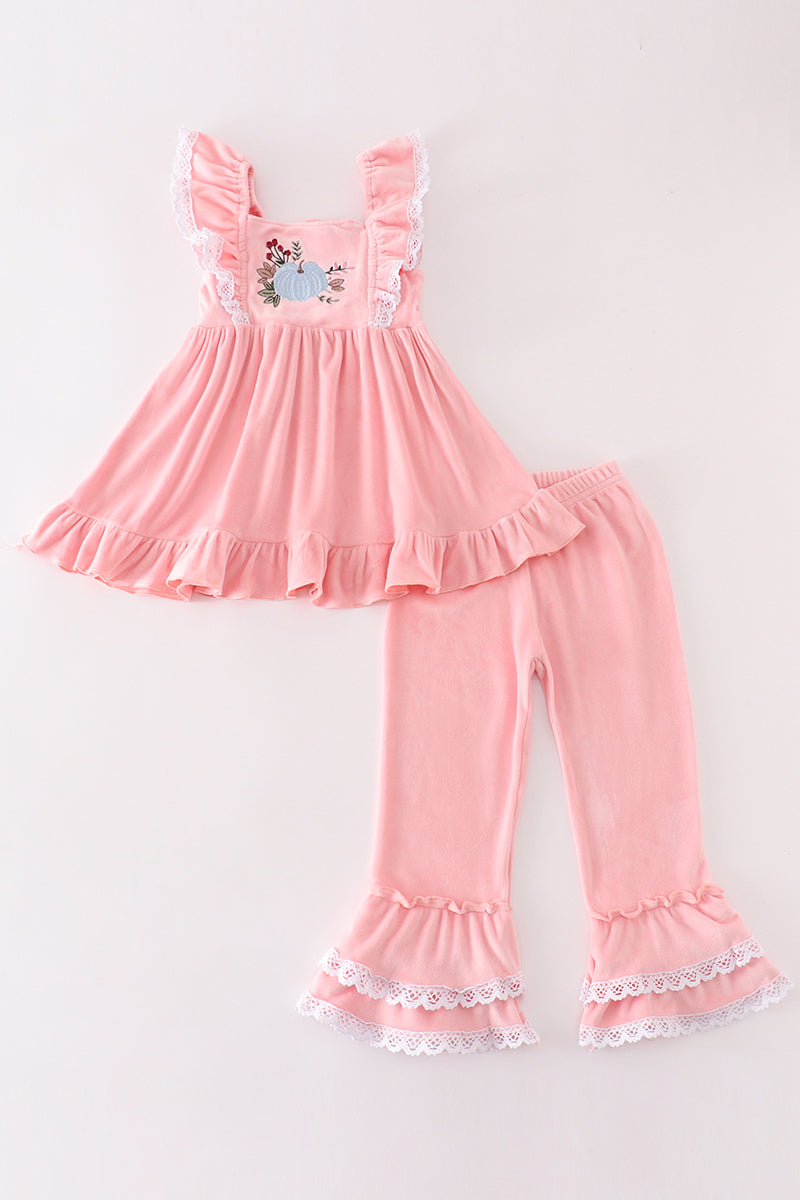 Pink velvet pumpkin embroidery girl set