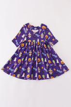 Load image into Gallery viewer, Purple halloween pumpkin twirl dress
