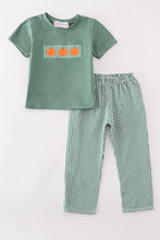 Load image into Gallery viewer, Green gingham pumpkin embroidery boy set
