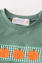 Load image into Gallery viewer, Green gingham pumpkin embroidery boy set
