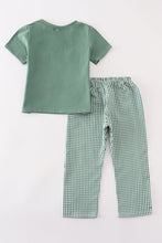 Load image into Gallery viewer, Green gingham pumpkin embroidery boy set
