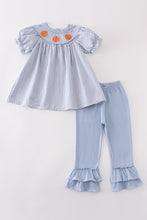 Load image into Gallery viewer, Blue gingham pumpkin embroidery girl set
