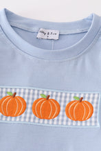 Load image into Gallery viewer, Blue gingham pumpkin embroidery boy set
