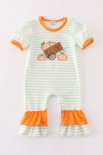 Load image into Gallery viewer, Orange wheelbarrow pumpkin applique stripe girl romper
