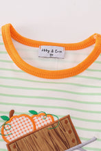 Load image into Gallery viewer, Orange wheelbarrow pumpkin applique stripe girl romper
