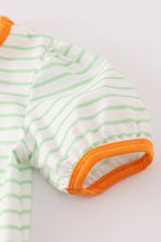 Load image into Gallery viewer, Orange wheelbarrow pumpkin applique stripe girl romper
