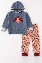 Load image into Gallery viewer, Blue turkey applique boy hoodie set
