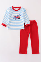 Load image into Gallery viewer, Blue stripe airplane applique boy set
