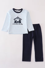 Load image into Gallery viewer, Navy nativity embroidery gingham boy set
