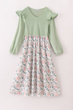 Load image into Gallery viewer, Sage floral print velvet ruffle mom dress
