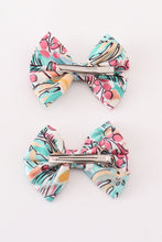 Load image into Gallery viewer, Teal floral print piggie hair bow
