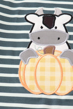 Load image into Gallery viewer, Green stripe cow pumpkin applique boy romper
