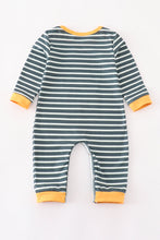 Load image into Gallery viewer, Green stripe cow pumpkin applique boy romper
