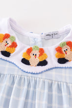 Load image into Gallery viewer, Blue thanksgiving turkey french knot dress
