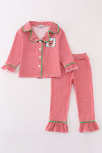 Load image into Gallery viewer, Red stripe christmas reindeer embroidery girl pajamas set
