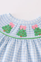 Load image into Gallery viewer, Blue christmas tree french knot smocked dress
