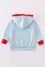 Load image into Gallery viewer, Blue stripe christmas santa ruffle embroidery girl hoodie
