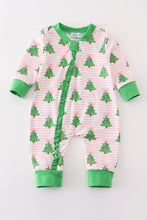 Load image into Gallery viewer, Green christmas tree print ruffle zip romper
