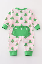 Load image into Gallery viewer, Green christmas tree print ruffle zip romper
