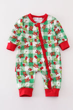 Load image into Gallery viewer, Green grinch print plaid ruffle zip girl romper
