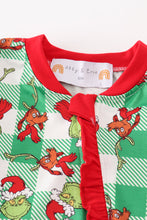 Load image into Gallery viewer, Green grinch print plaid ruffle zip girl romper
