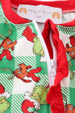 Load image into Gallery viewer, Green grinch print plaid ruffle zip girl romper
