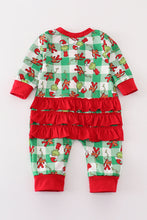 Load image into Gallery viewer, Green grinch print plaid ruffle zip girl romper
