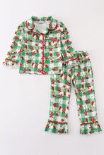 Load image into Gallery viewer, Green grinch print plaid ruffle girl pajamas set
