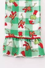 Load image into Gallery viewer, Green grinch print plaid ruffle girl pajamas set
