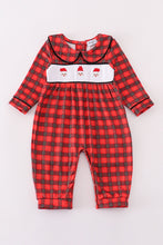 Load image into Gallery viewer, Red christmas santa embroidery smocked plaid boy bishop romper
