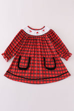 Load image into Gallery viewer, Red christmas santa embroidery smocked plaid bishop dress
