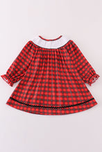 Load image into Gallery viewer, Red christmas santa embroidery smocked plaid bishop dress
