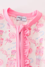 Load image into Gallery viewer, Pink nutcracker print ruffle zip girl romper
