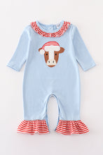 Load image into Gallery viewer, Blue christmas cow applique girl romper
