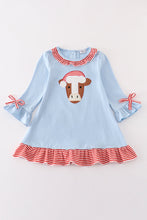 Load image into Gallery viewer, Blue christmas cow applique girl dress
