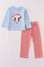 Load image into Gallery viewer, Blue christmas cow applique boy set
