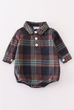 Load image into Gallery viewer, Navy plaid boy button down bubble
