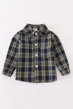 Load image into Gallery viewer, Navy plaid boy button down shirt
