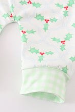 Load image into Gallery viewer, Green christmas holly print boy romper
