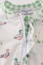 Load image into Gallery viewer, Sage duck print ruffle zip girl romper
