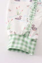 Load image into Gallery viewer, Sage duck print ruffle zip girl romper
