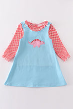 Load image into Gallery viewer, Blue valentine dinosaur applique girl dress set
