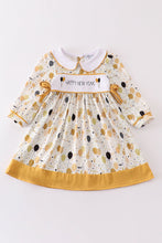 Load image into Gallery viewer, Mustard happy new year embroidery girl dress
