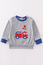 Load image into Gallery viewer, Grey valentine firetruck embroidery boy top
