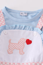 Load image into Gallery viewer, Blue valentine puppy heart applique girl jumpsuit set
