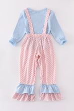 Load image into Gallery viewer, Blue valentine puppy heart applique girl jumpsuit set
