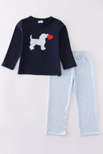 Load image into Gallery viewer, Navy valentine puppy heart applique boy set
