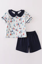 Load image into Gallery viewer, Navy sailboat print boy set
